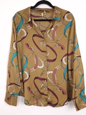 Cato satin button up shirt equestrian horsebit bridle print preppy long sleeve